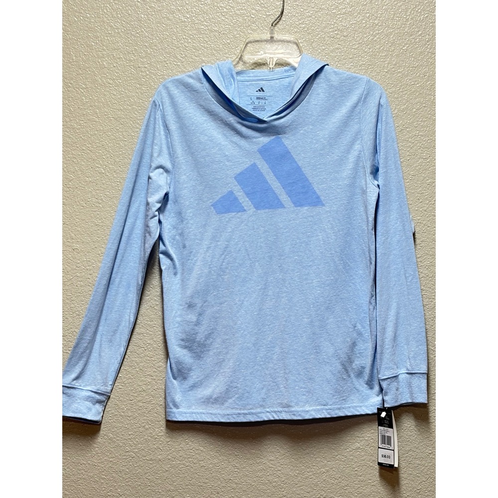 Adidas Boys Light Blue LS Hooded Snow Heather Tee AA10093 Size L 14/16 NWT
